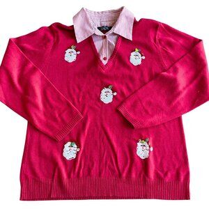 Crystal Kobe V-Neck Sweater With Sewn-In Collar, Sequin Santa‎ Claus - Size XL
